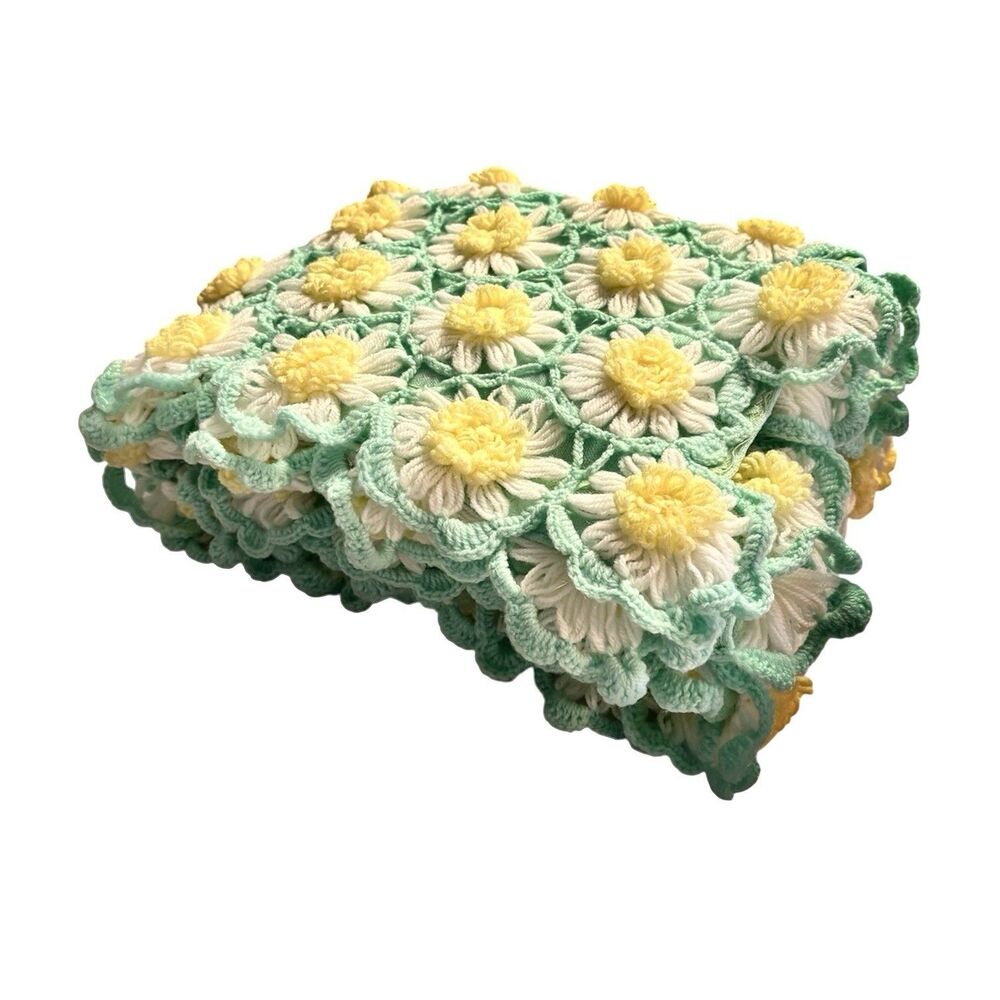 Vintage 3D Daisy Chain Afghan Granny Handmade Crochet Throw Baby Blanket 40x37